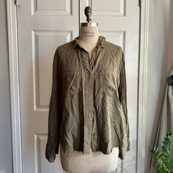 Anthropologie Cloth & Stone Green Button Down Shirt Size L Fatigue Stone Washed - Picture 2 of 11